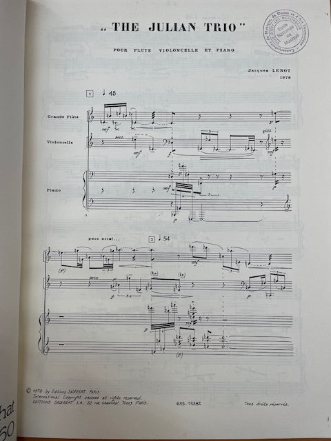 Jacques Lenot The Julian Trio pour Flûte violoncelle piano conducteur-3000 partitions, livres et vinyles d'occasion en vente sur notre site internet gastonmusicclub.fr Gaston Music Store