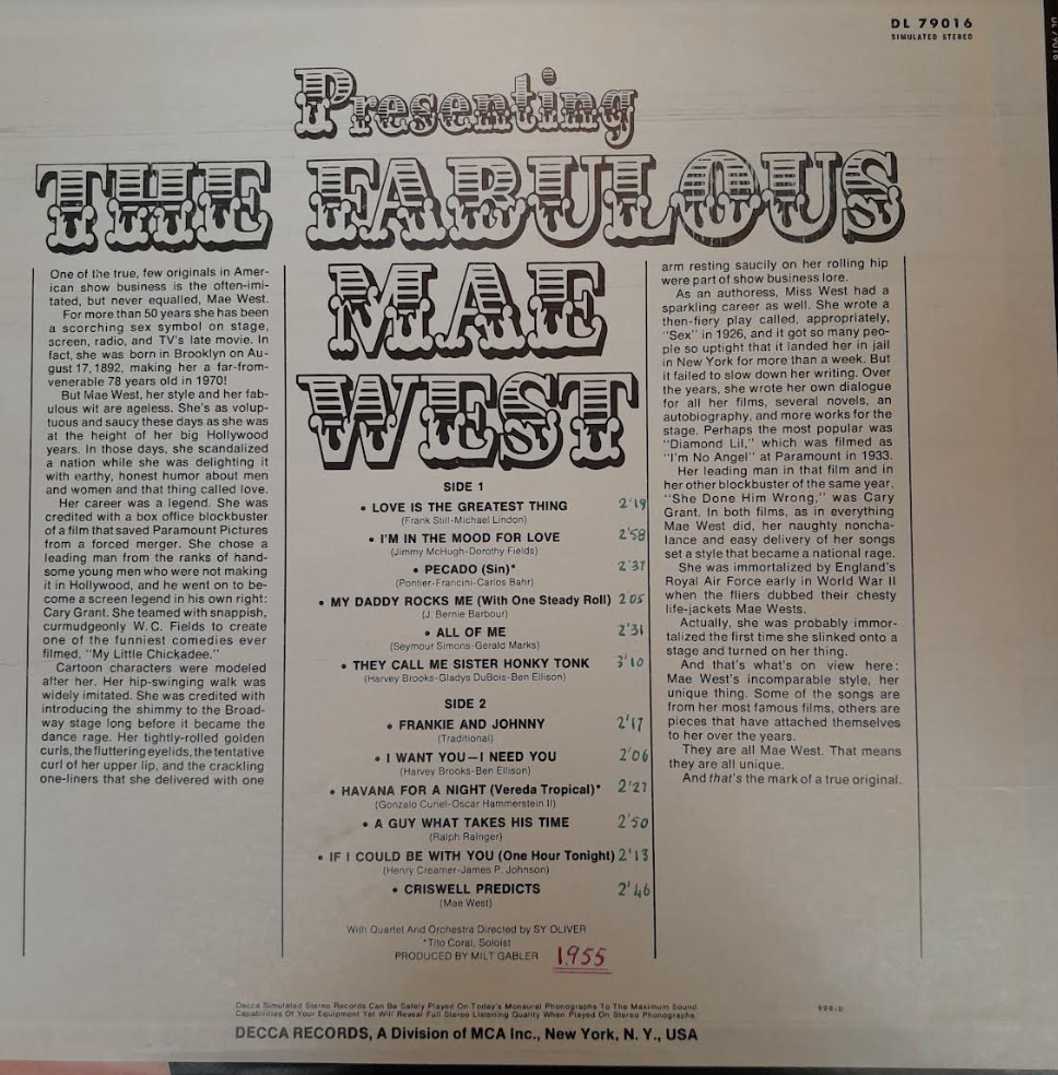 Vinyle The fabulous Mae West- 3000 partitions, livres et vinyles d'occasion en vente sur notre site internet gastonmusicclub.fr Gaston Music Store