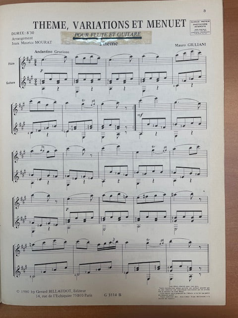 Mario Giuliani Thème, variations et menuet pour flute et guitare-3000 partitions, livres et vinyles d'occasion en vente sur notre site internet gastonmusicclub.fr Gaston Music Store