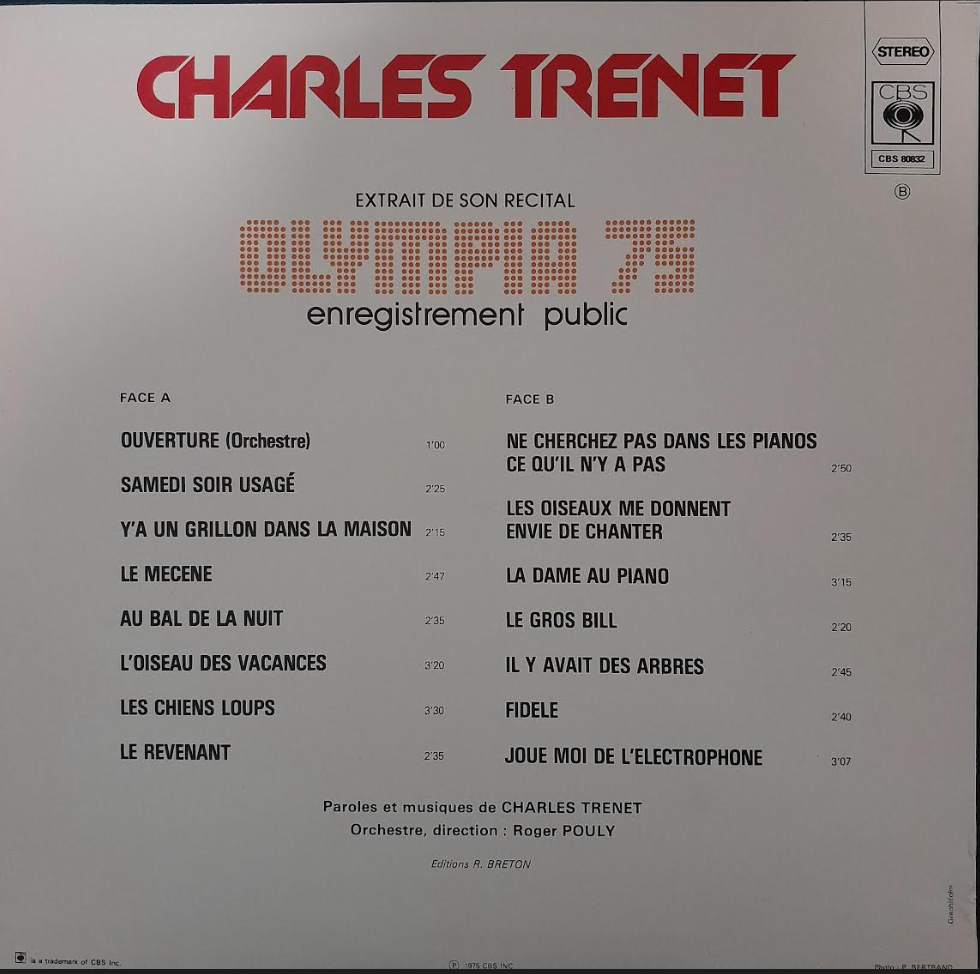 Vinyle Charles Trenet Extrait de son récital Olympia 75 - Enregistrement public -3000 partitions, livres et vinyles d'occasion en vente sur notre site internet gastonmusicclub.fr Gaston Music Store
