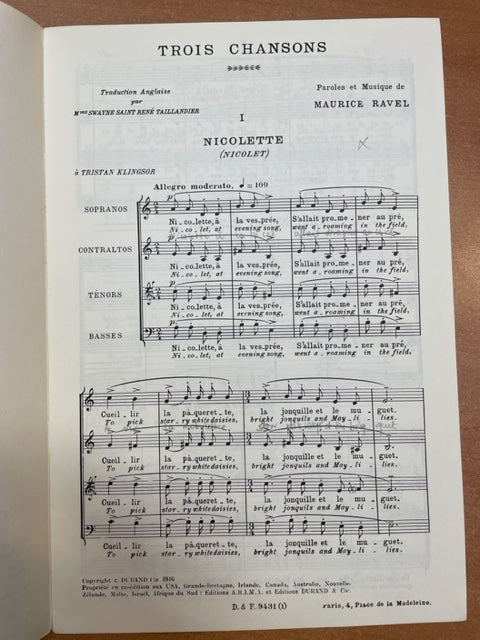 Maurice Ravel Trois chansons pour choeur mixte sans accompagnement- 3000 partitions, livres et vinyles d'occasion en vente sur notre site internet gastonmusicclub.fr Gaston Music Store