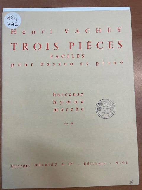 Henri Vachey 3 pièces faciles pour basson et piano-3000 partitions, livres et vinyles d'occasion en vente sur notre site internet gastonmusicclub.fr Gaston Music Store