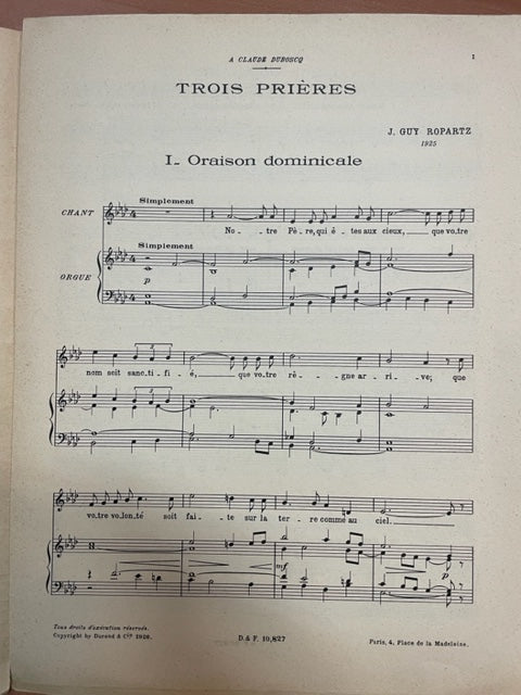 Guy Ropartz Trois prières pour une voix avec accompagnement d'Orgue- 3000 partitions, livres et vinyles d'occasion en vente sur notre site internet gastonmusicclub.fr Gaston Music Store