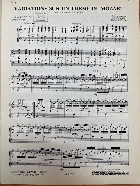 Variations sur un thème de Mozart pour la harpe celtique-3000 partitions, livres et vinyles d'occasion en vente sur notre site internet gastonmusicclub.fr Gaston Music Store