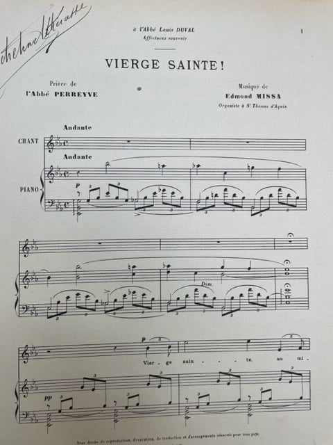 Edmond Missa Vierge sainte! Prière de l'abbé Perreye en mi bémol pour voix et piano-3000 partitions, livres et vinyles d'occasion en vente sur notre site internet gastonmusicclub.fr Gaston Music Store