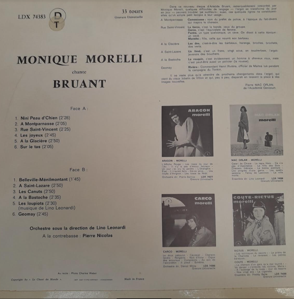 Vinyle Monique Morelli chante Bruant