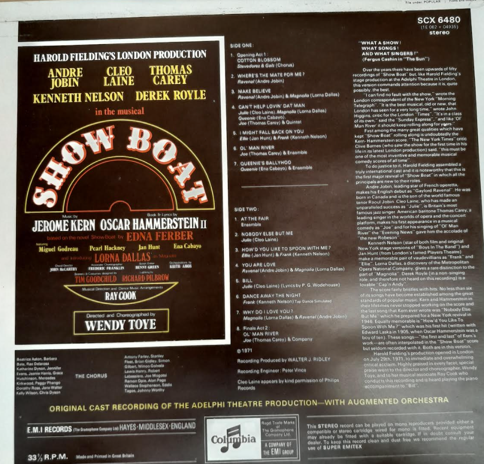 Vinyle Show Boat - Original cast album J.Kern - O.Hammerstein- 3000 partitions, livres et vinyles d'occasion en vente sur notre site internet gastonmusicclub.fr Gaston Music Store