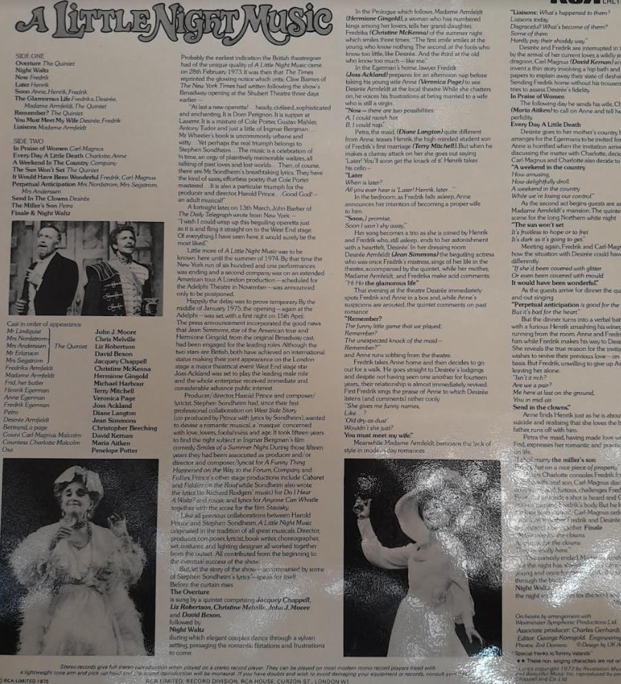 Vinyle Stephen Sondheim A Little Night Music, musical - The Original London cast- 3000 partitions, livres et vinyles d'occasion en vente sur notre site internet gastonmusicclub.fr Gaston Music Store