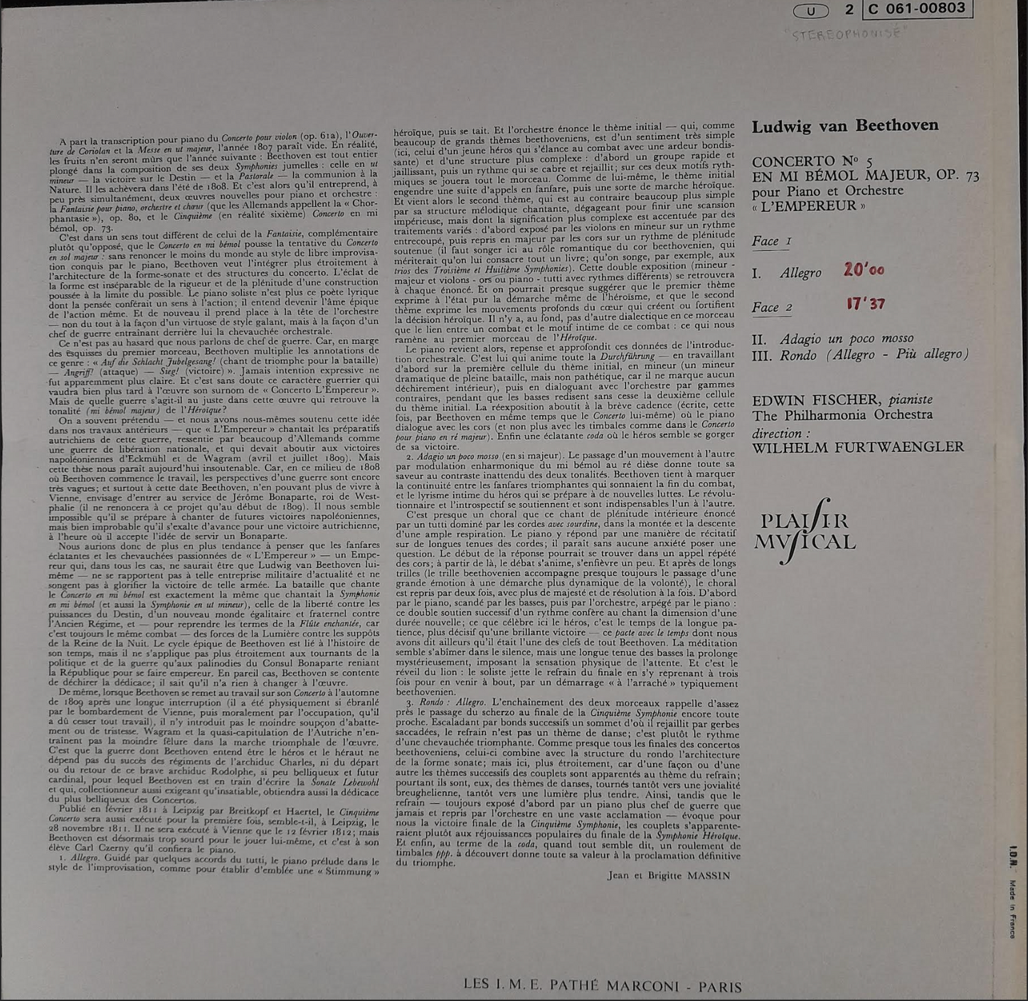 Vinyle 33 tours Beethoven Concerto n° 5 en mi bémol majeur op.73 "L'Empereur"
