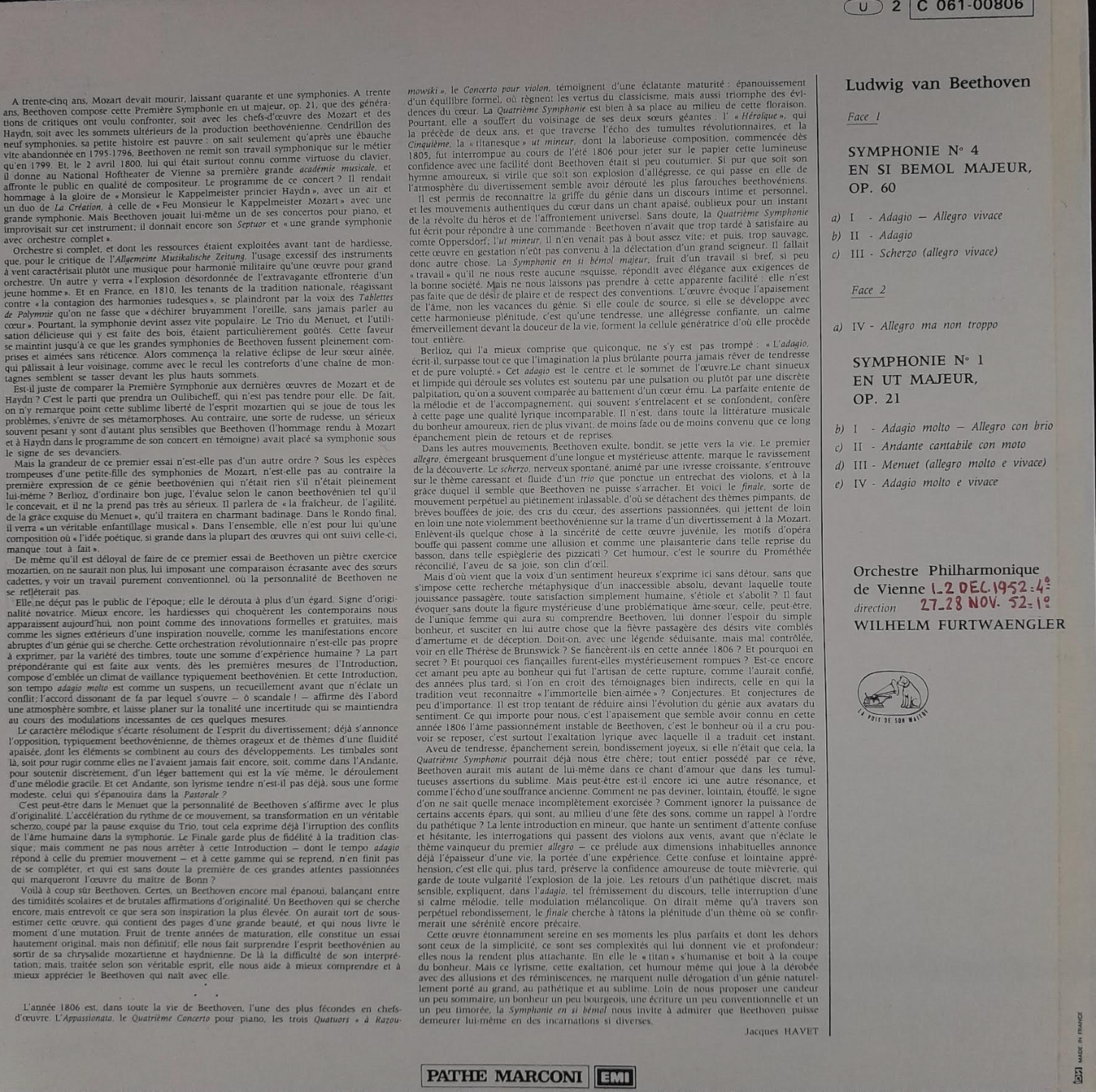 Vinyle 33 tours Beethoven Wilhelm Furtwaengler Symphonie n°2