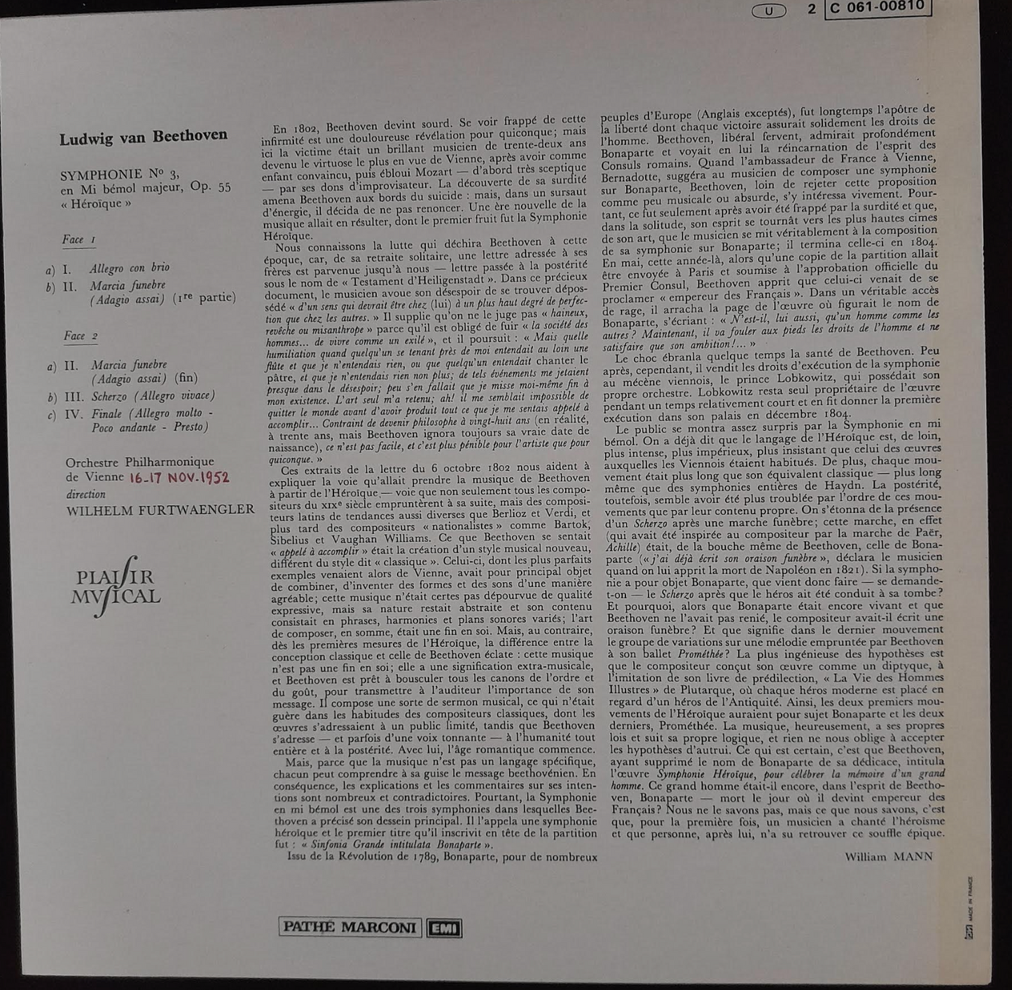 Vinyle 33 tours Beethoven Wilhelm Furtwaengler Symphonie n° 3 en mi bé majeur op.55 " Héroïque"