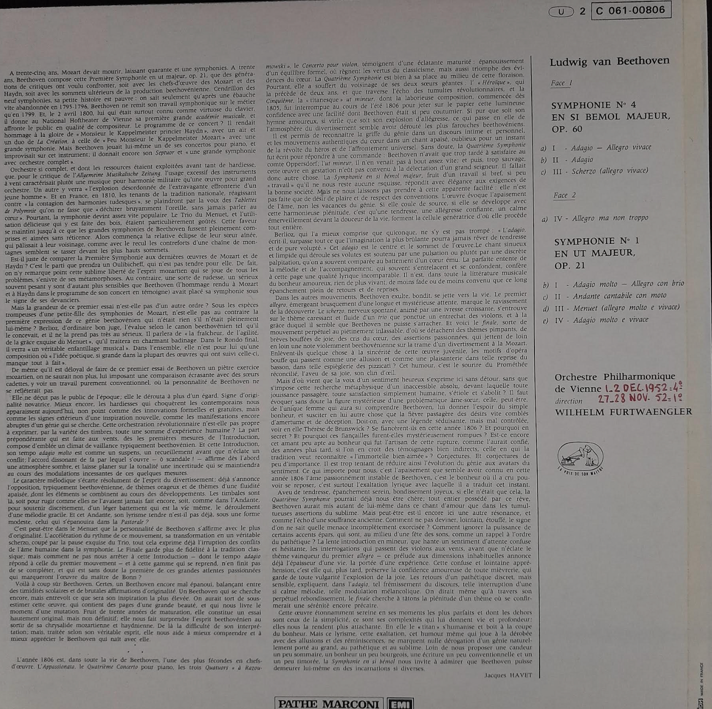 Vinyle 33 tours Beethoven Wilhelm Furtwaengler, direction Symphonies n° 1 et n° 4