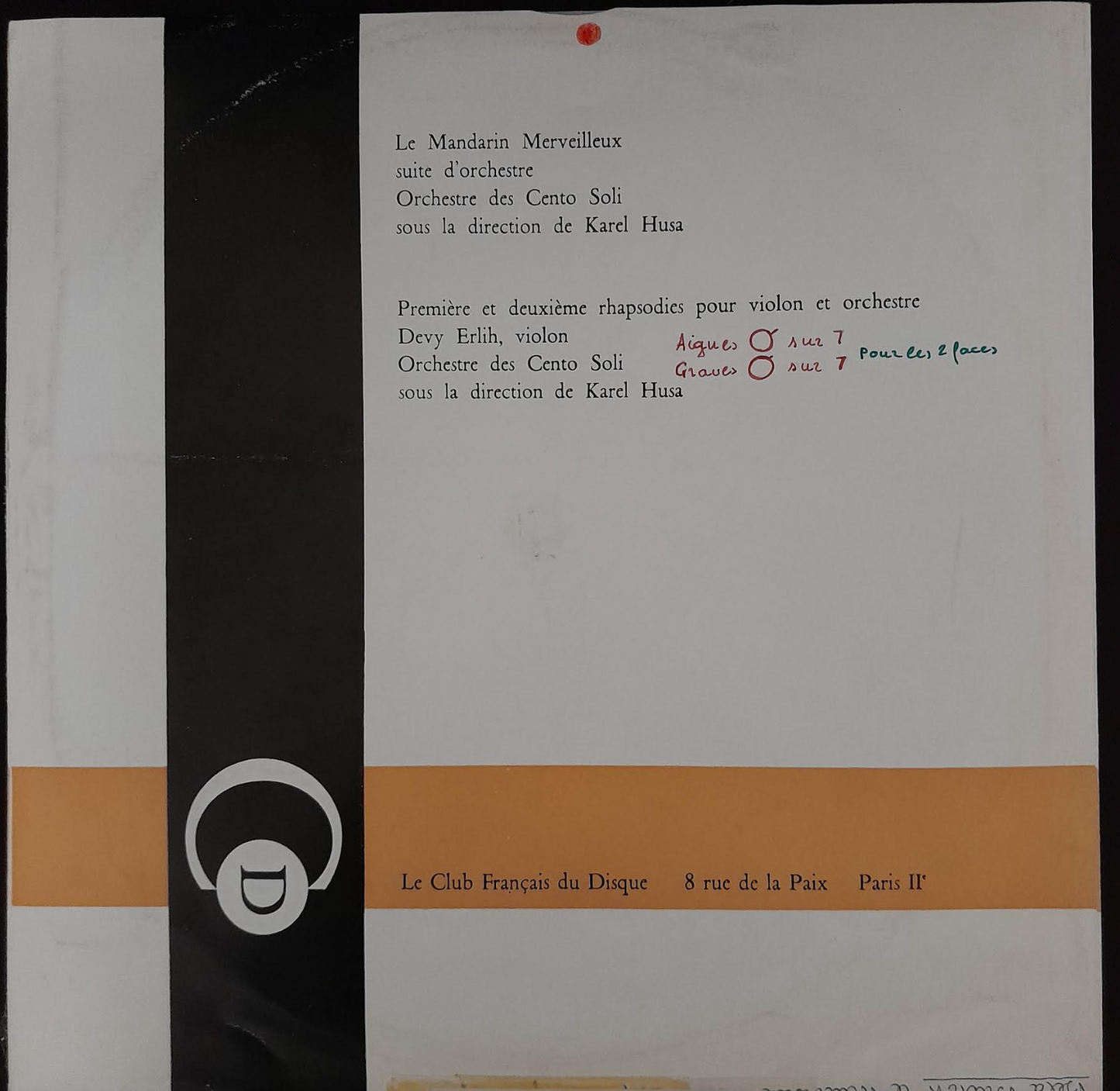 Vinyle 33 tours Bela Bartok Le Mandarin merveilleux, suite d'orchestre Devy Erlih, violon