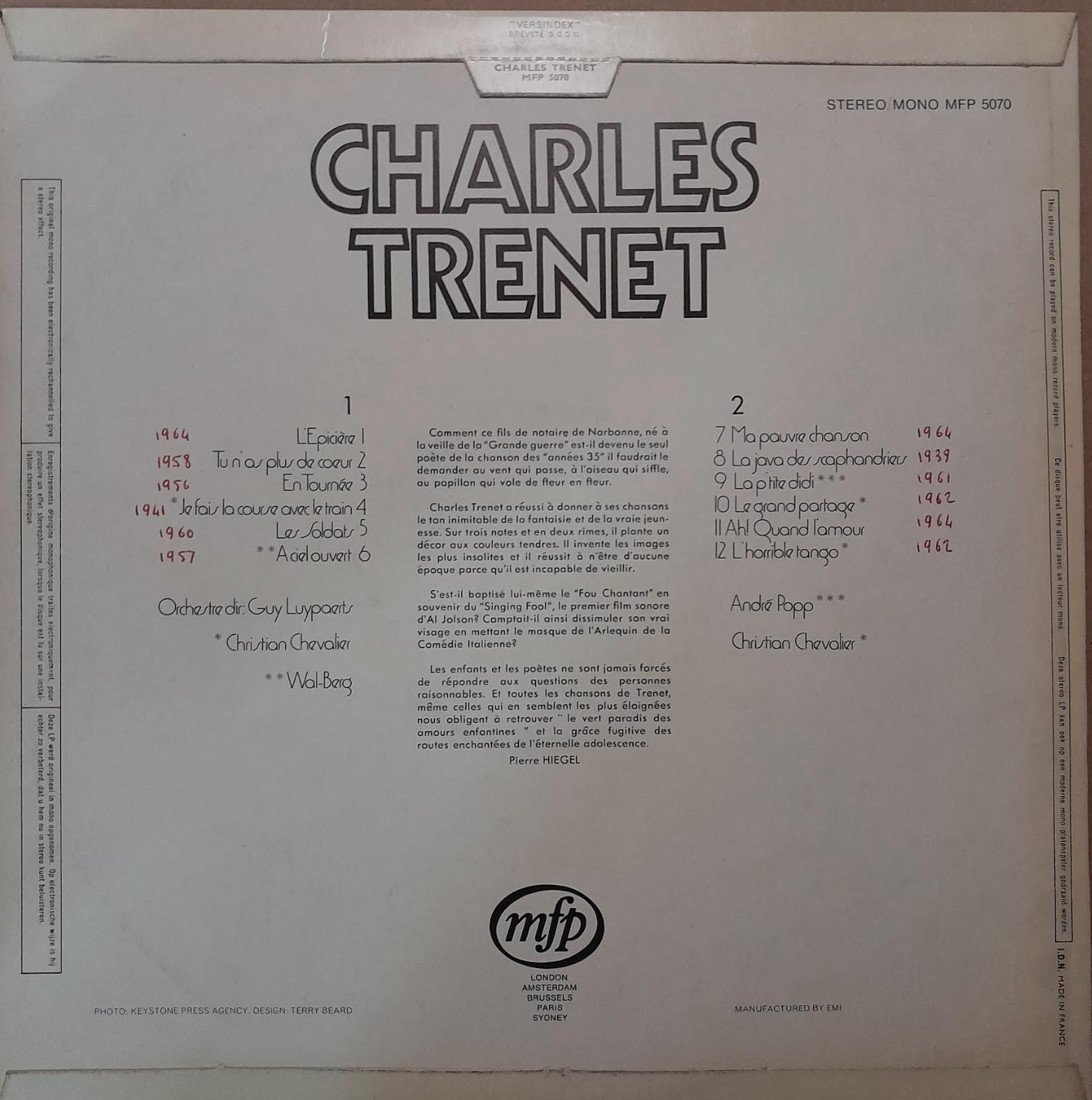 Vinyle 33 tours Charles Trenet : L'épicière