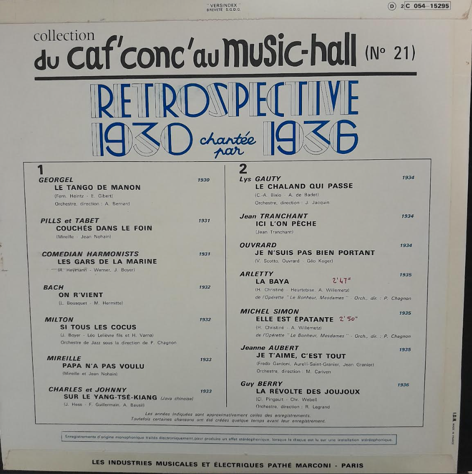 Vinyle 33 tours Du caf'conc' au Music-Hall n° 21: Rétrospective 1930 - 1936