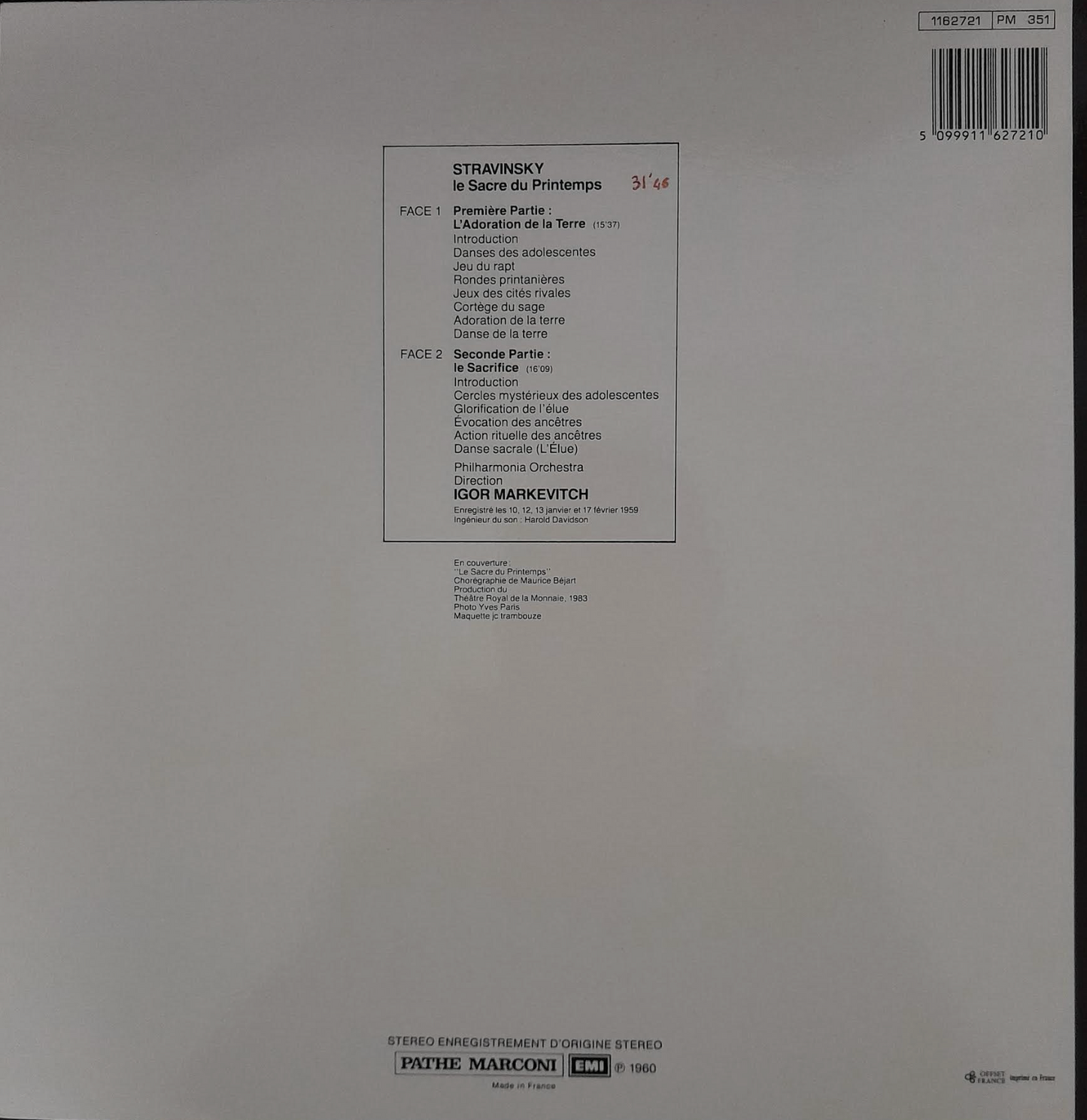 Vinyle 33 tours Igor Stavinsky Le Sacre du printemps direction Igor Markevitch