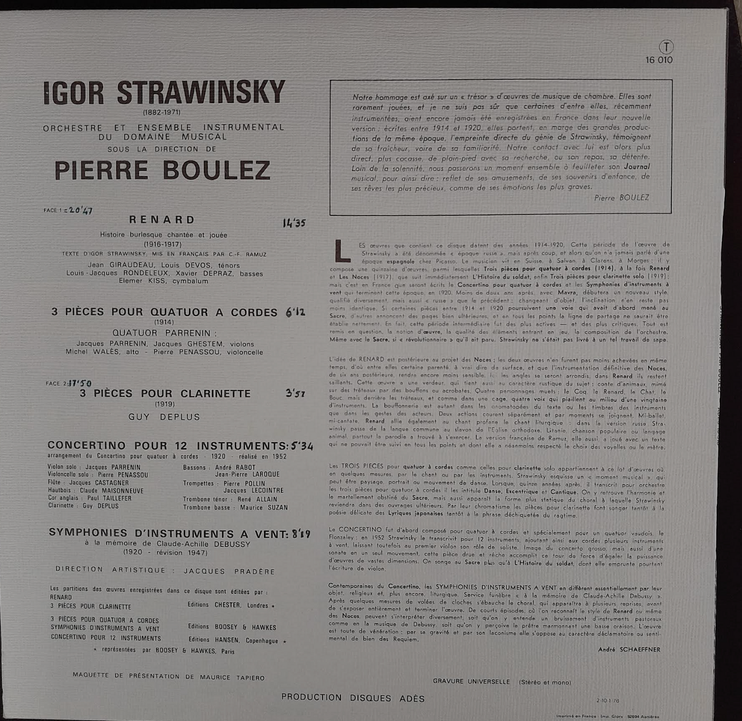 Vinyle 33 tours Igor Stavinsky direction Pierre Boulez