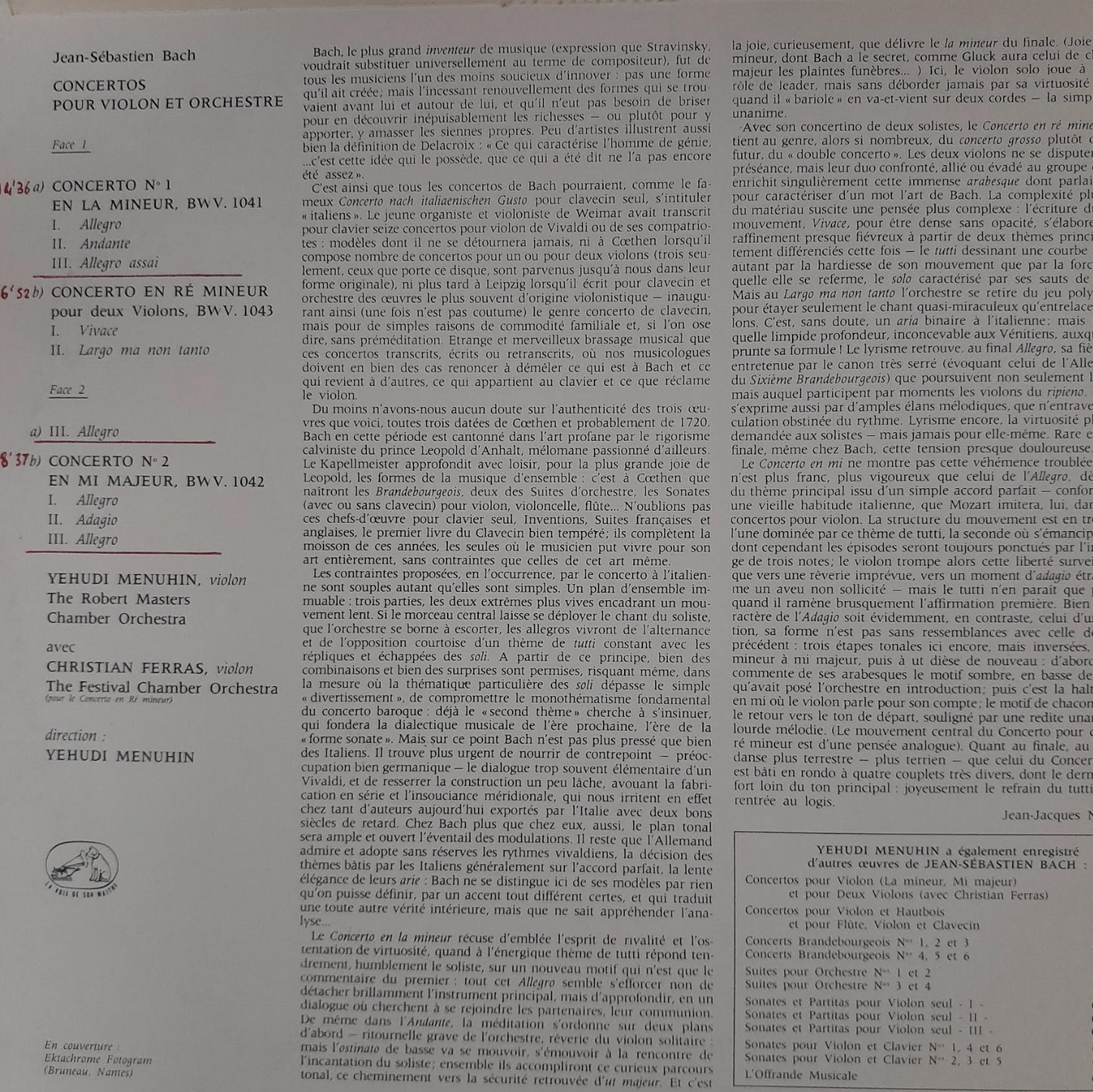 Vinyle 33 tours J-S Bach Y. Menuhin et Christian Ferras, violon