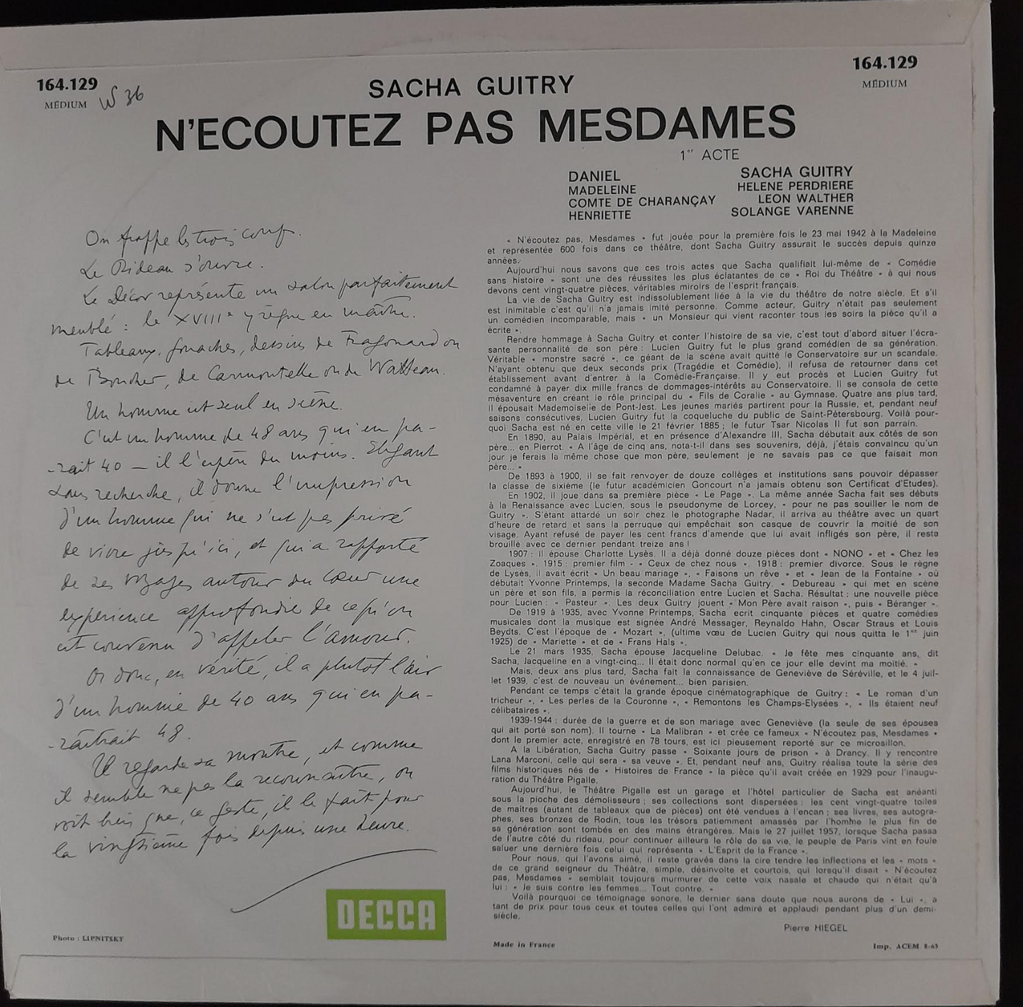 Vinyle 33 tours Sacha Guitry N'écoutez pas Mesdames 1er acte