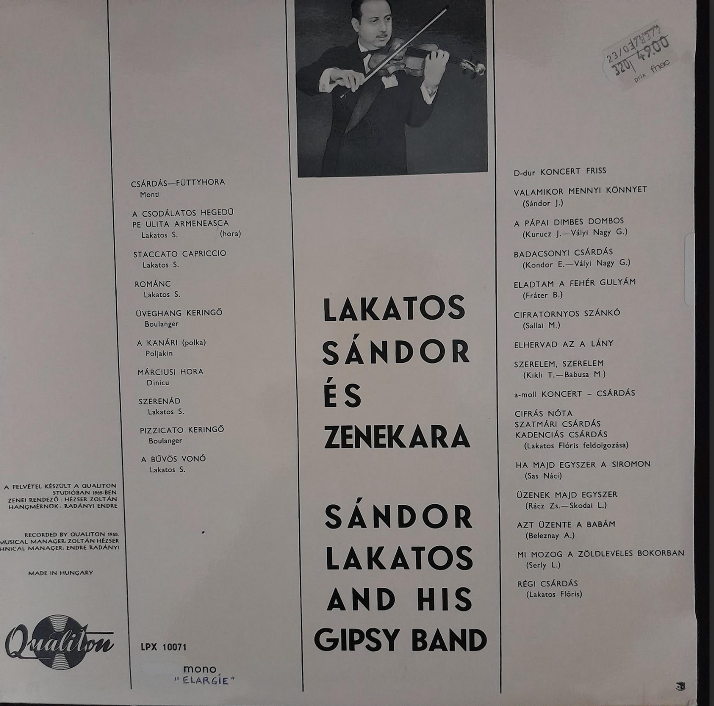 Vinyle 33 tours Sandor Lakatos, violon Budapest at night - Sandor Lakatos and his gipsy band