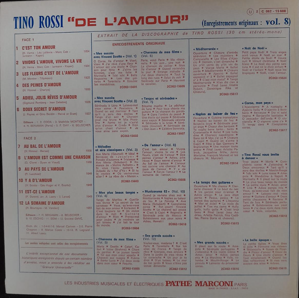 Vinyle 33 tours Tino Rossi"De l'amour" enregistrements originaux