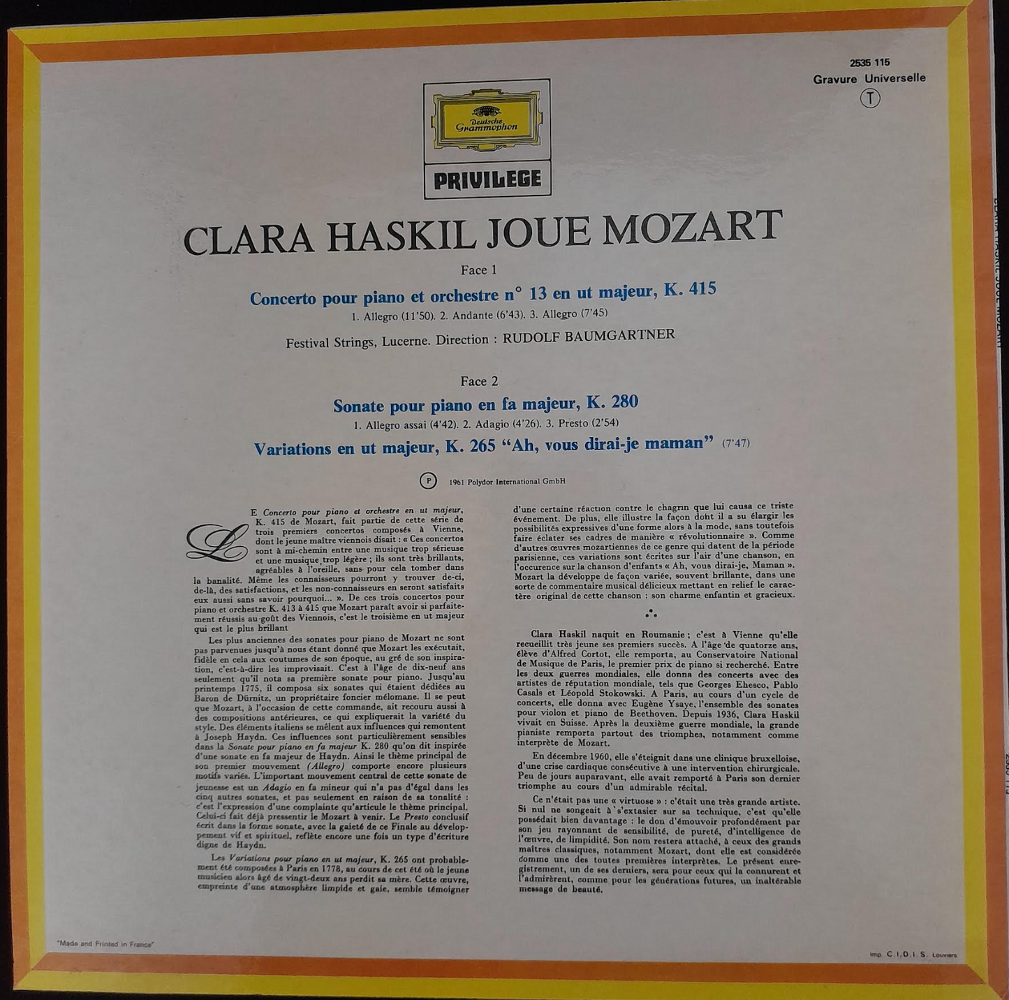 Vinyle 33 tours W.A.Mozart Clara Haskil au piano