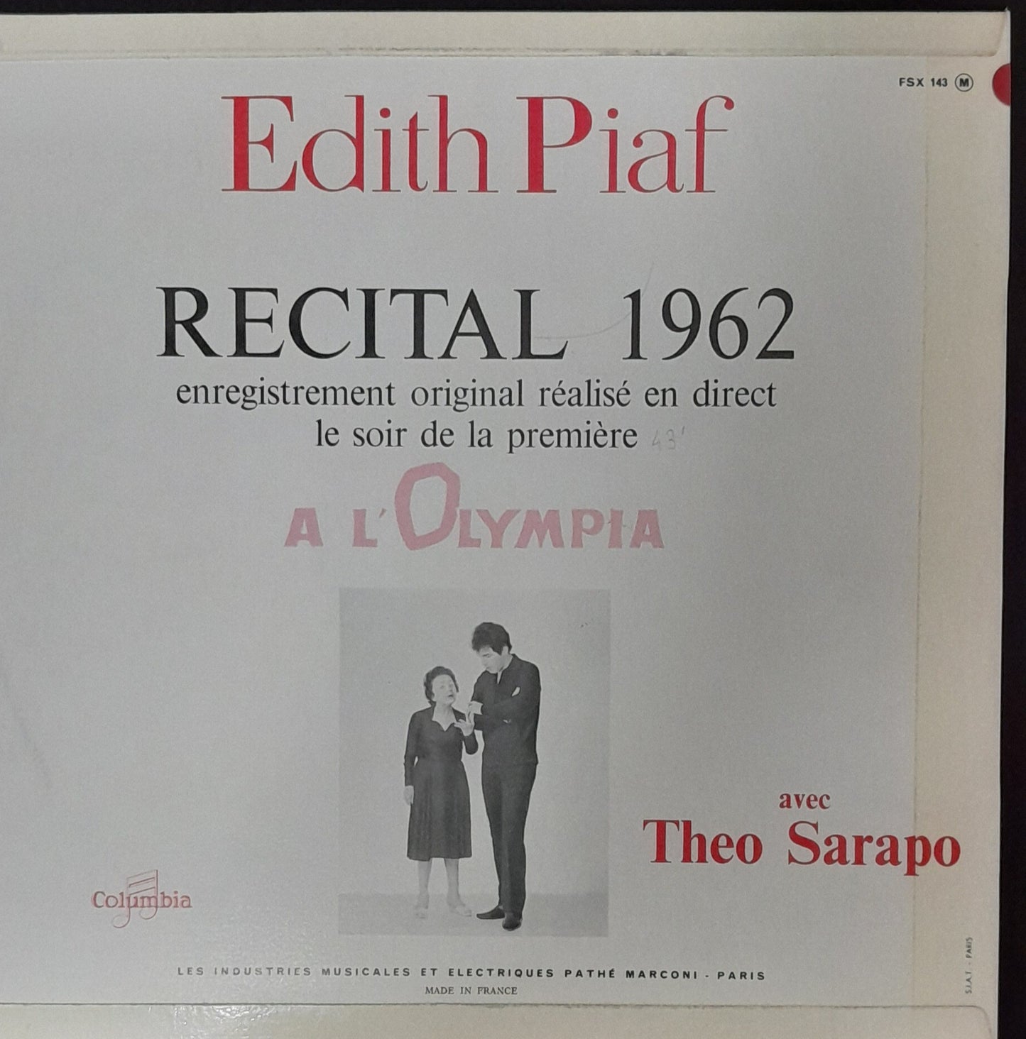 Vinyle Edith Piaf Récital 1962 enregistré à l'Olympia