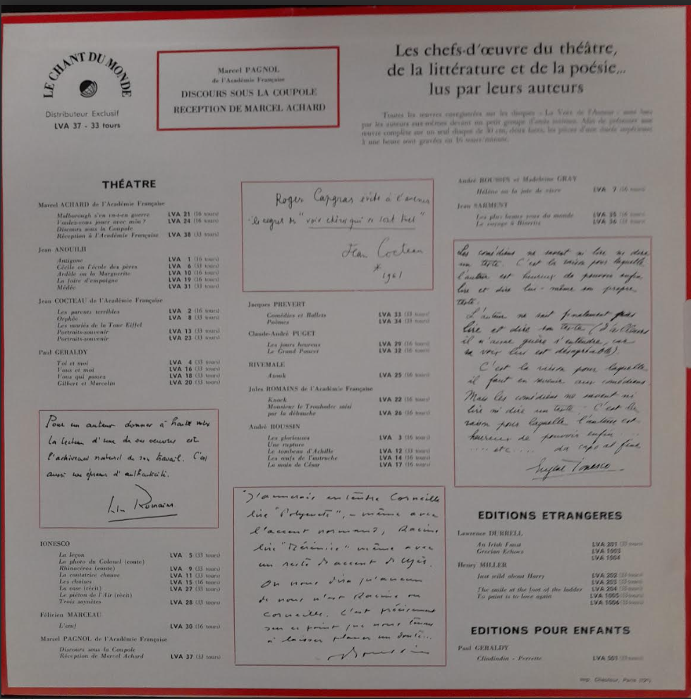 Vinyle Marcel Pagnol Discours sous la Coupole - Réception de Marcel Achard