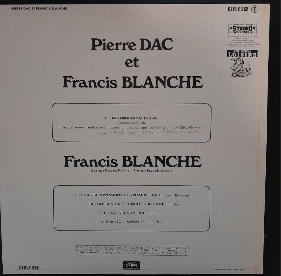 Vinyle Pierre Dac et Francis Blanche: Le Sar Rabindranath Duval, version intégrale