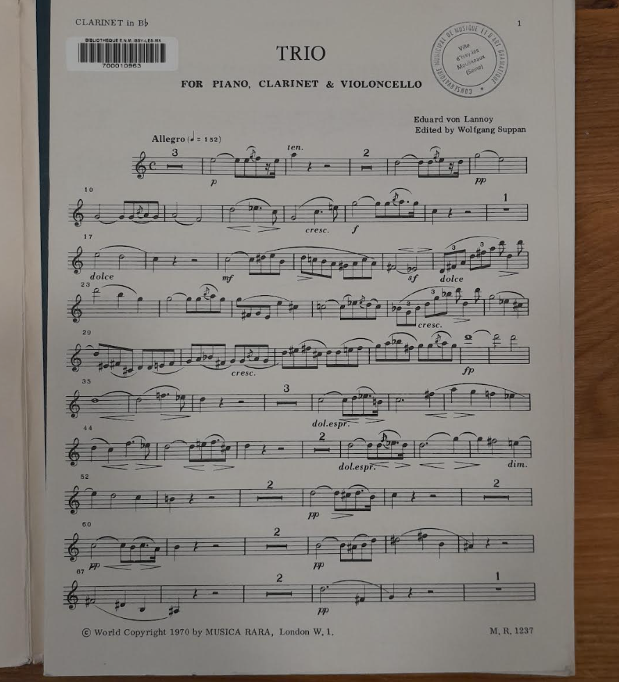 Von Lannoy E. Grand trio for pianoforte, clarinet and violoncello