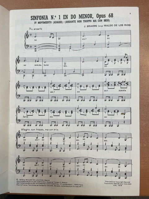 Johannes Brahms Sinfonia n°1 en do minor opus 68 arrangement Waldo de los Rios- 3000 partitions, livres et vinyles d'occasion en vente sur notre site internet gastonmusicclub.fr Gaston Music Store