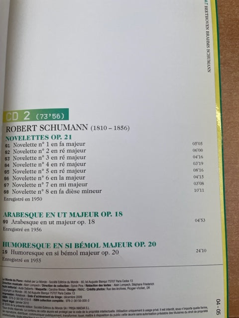 Beethoven - Brahms - Schumann Yves Nat livret + 2 CD- 3000 partitions, livres et vinyles d'occasion en vente sur notre site internet gastonmusicclub.fr Gaston Music Store