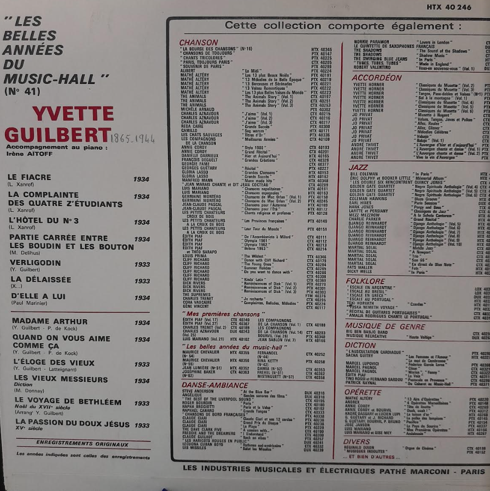 Vinyle Yvette Guilbert "Les belles années du music-hall" n°41-3000 partitions, livres et vinyles d'occasion en vente sur notre site internet gastonmusicclub.fr Gaston Music Store
