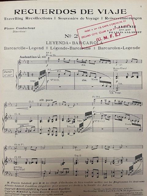Isaac Albeniz Recuerdos de viaje n° 2 Legende-barcarolle conducteur et parties