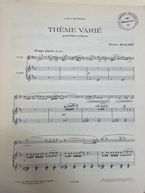 Pierre Auclert Thème varié partition pour flute et piano