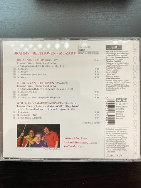 CD Brahms, Beethoven, Mozart 3 Trios pour piano, clarinette et violoncelles
