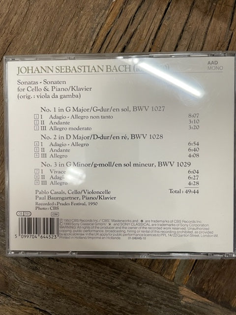 CD J.S Bach 3 Sonates pour violoncelle et piano Pablo Casals