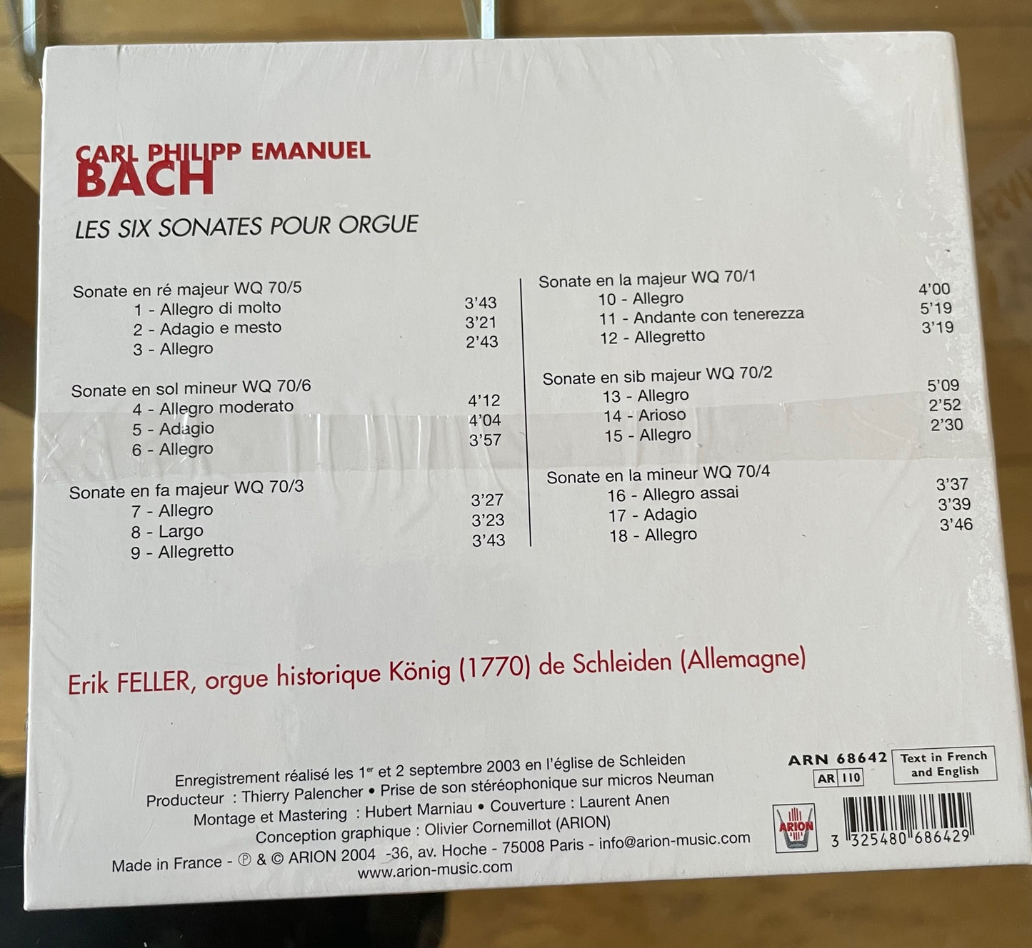 CD Carl Philipp Emanuel Bach six Sonates pour orgue interprété par Erik Feller