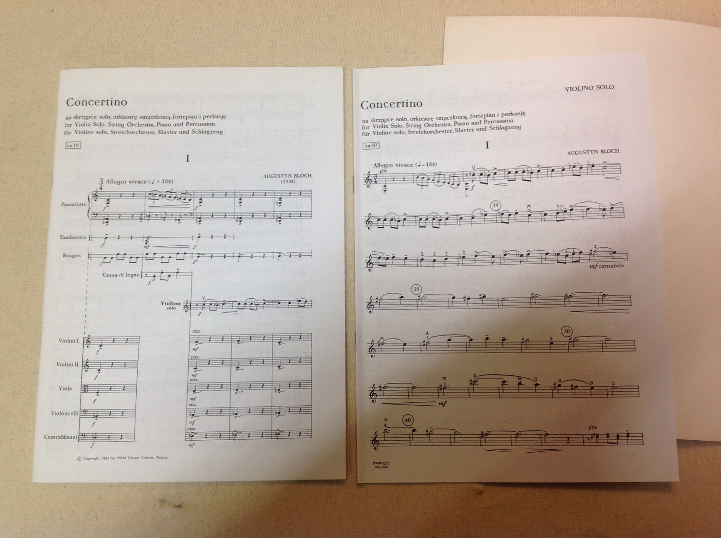 Augustyn Bloch Concertino for solo violin, string orchestra, Piano and percussion