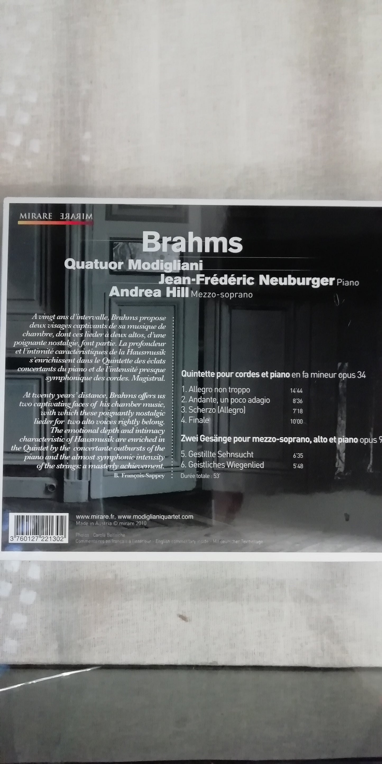 CD Brahms Quintette pour cordes et piano & Zwei Gesänge
