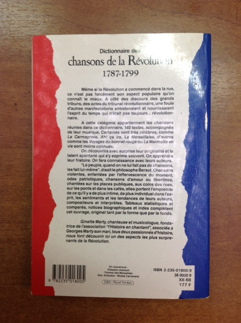 Dictionnaire des chansons de la Révolution 1787-1799, livre de G.Marty