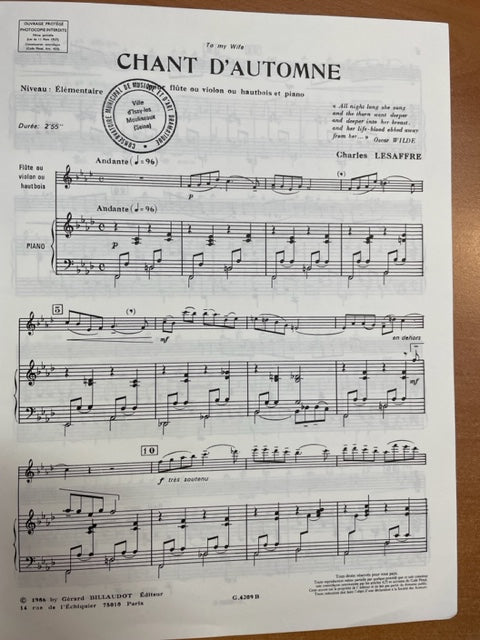 Charles Lesaffre Chant d'Automne partition pour flute et piano