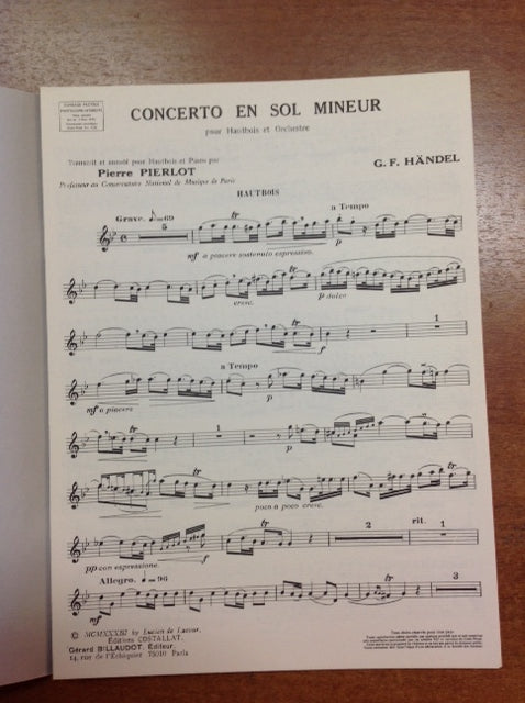 Haendel Concerto en sol mineur pour hautbois réduction piano