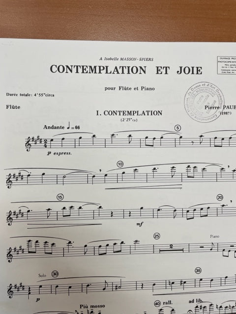 Pierre Paubon : Contemplation et joie partition pour flute et piano