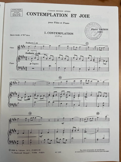 Pierre Paubon : Contemplation et joie partition pour flute et piano