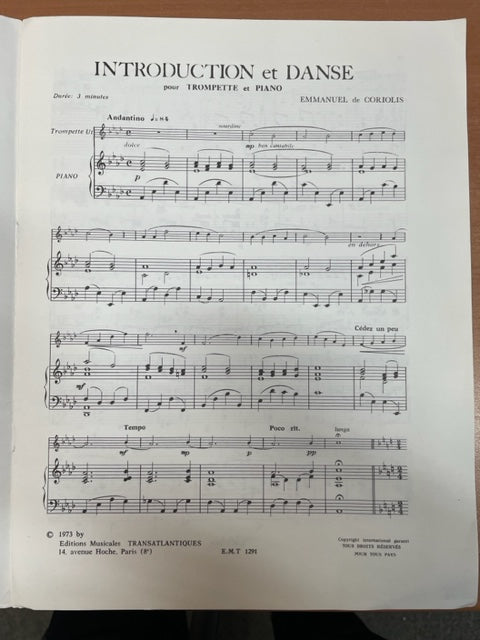 De Coriolis Introduction et danse partition pour trompette en ut et piano