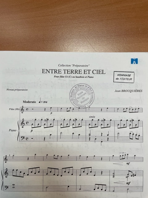 Jean Brouquières Entre terre et ciel partition pour flute ou hautbois et piano
