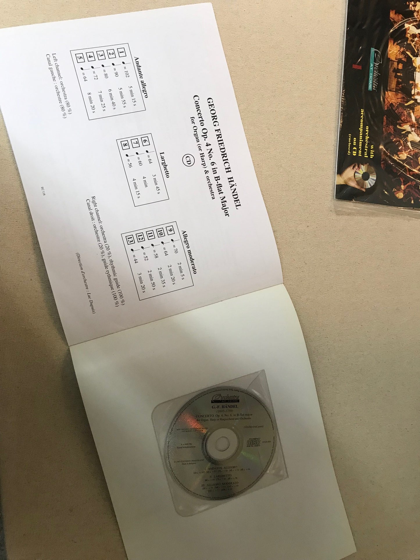 Haendel Concerto opus 4 n°6 en sib majeur pour orgue et orchestre partition et CD
