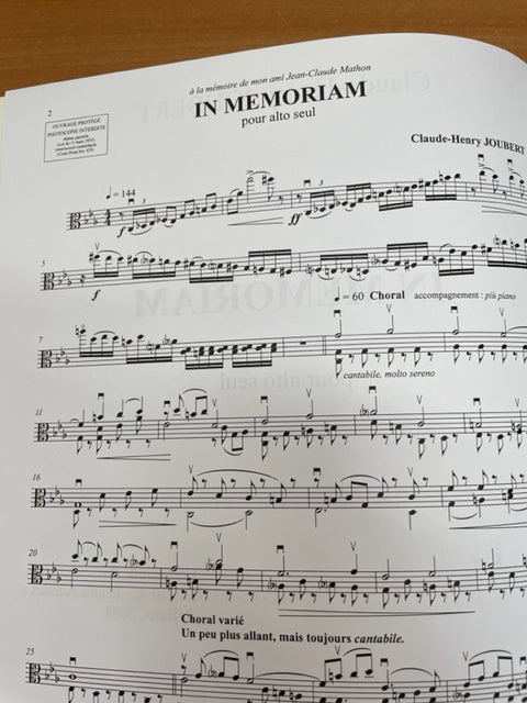 Claude Henry Joubert In memoriam partition pour alto seul