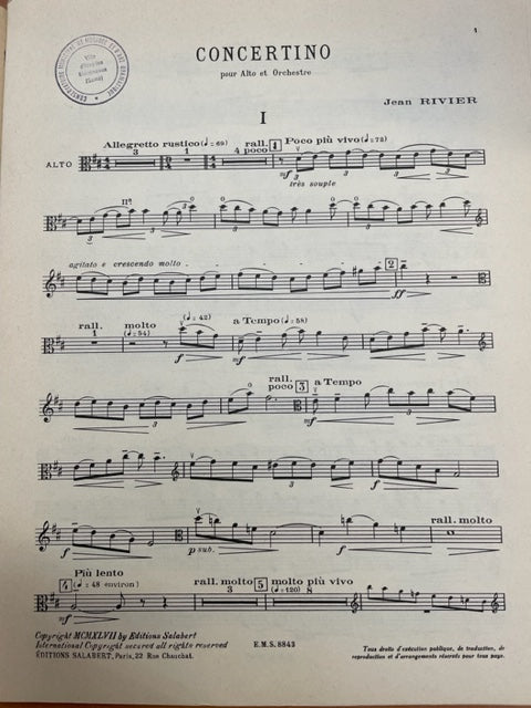 Jean Rivier Concertino pour alto et orchestre, réduction piano